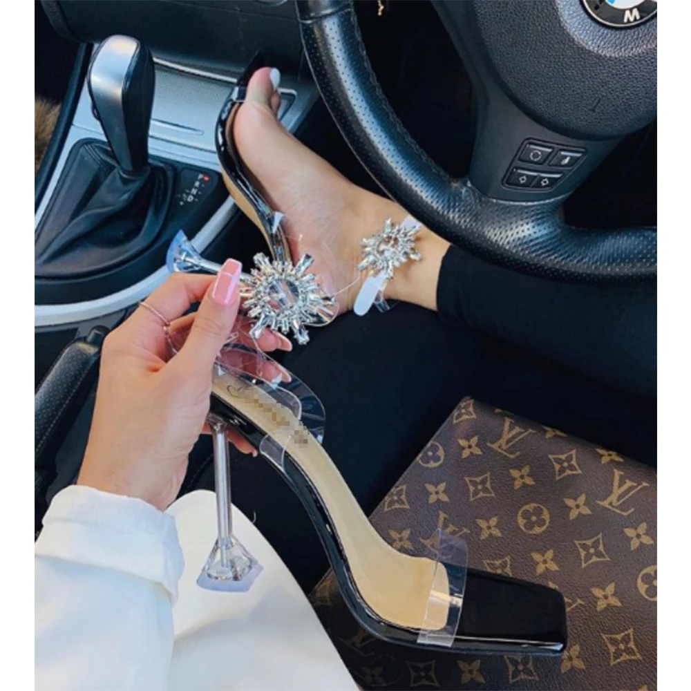 

Superstarer Patent leather Sun decoration breathable gold stiletto transparent buckle heeled sandals back space