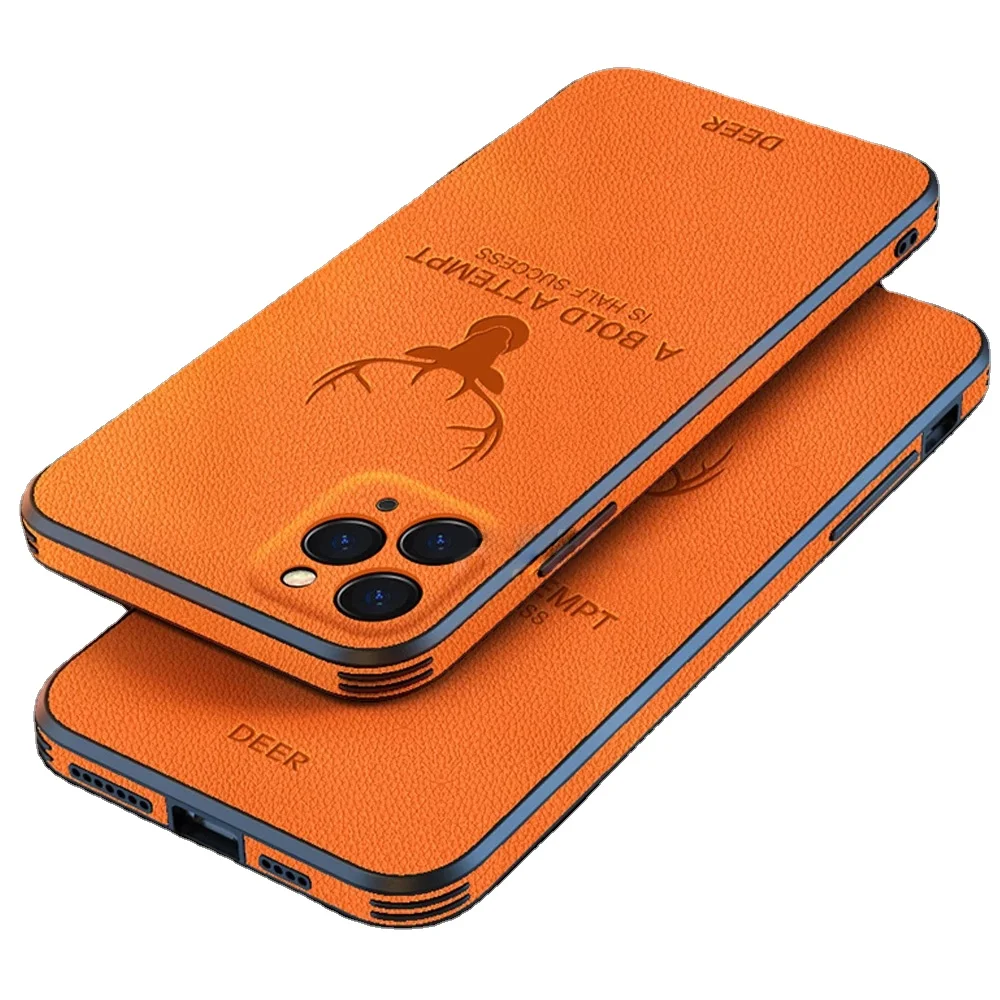 

Luxury Leather Texture Square Frame Case on For iPhone 12 11 Pro Max Mini Deer Camera Protection Shockproof Cover