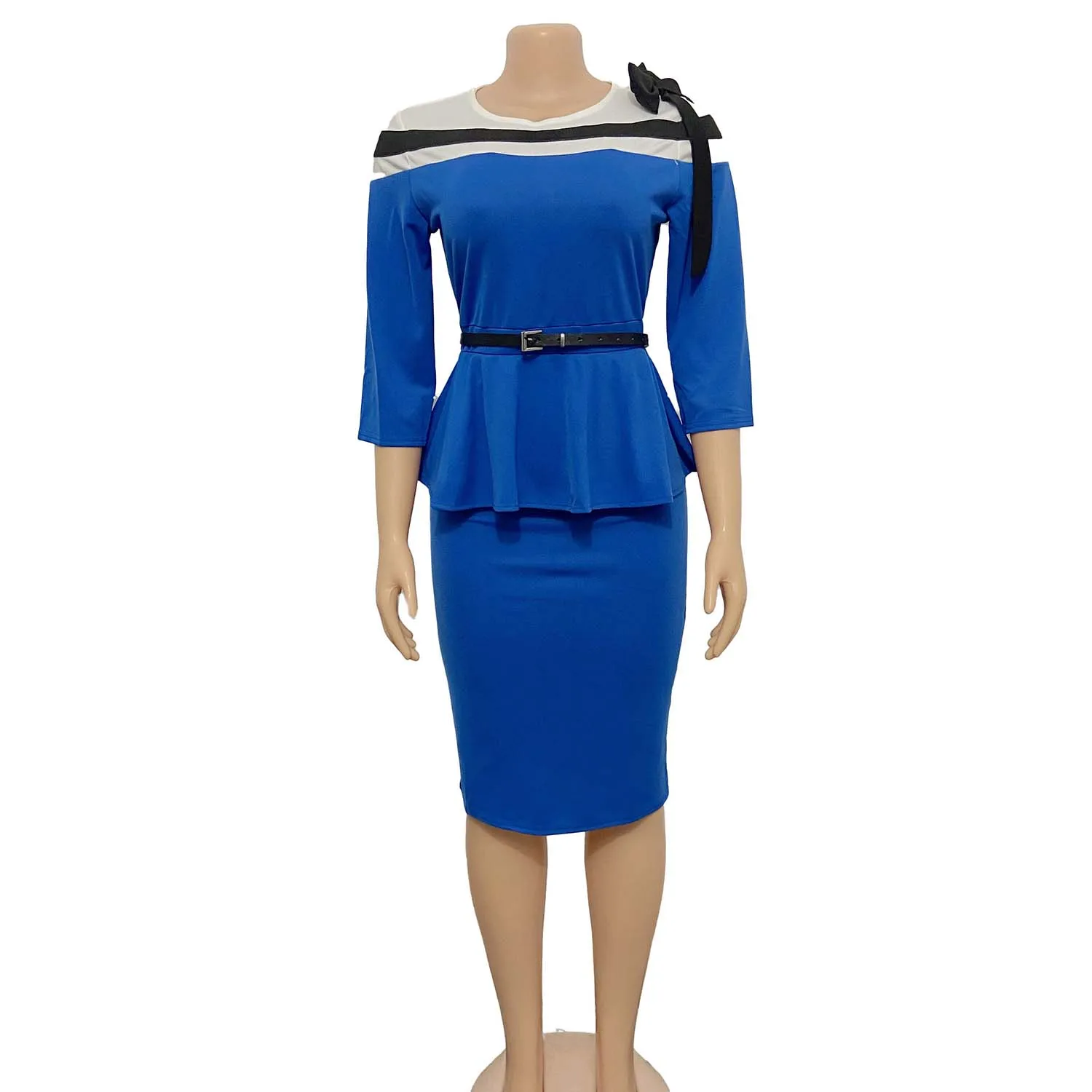 

New Patchwork Autumn Slim Bowtie Patchwork Ruffle Pencil Girl Office Career Dress