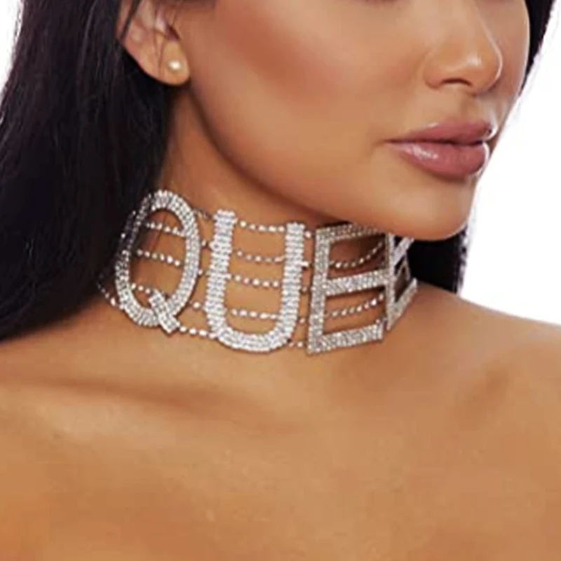 

Shiny Big Rhinestone Letter Choker Necklace Women QUEEN NASTY FANCY Statement Necklaces Hip hop Jewelry, Silver gold