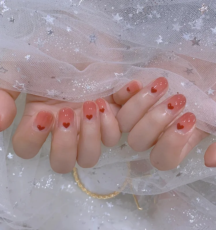 

Short Square round summer new design pink ombre heart high quality press on nails supplier full cover press on nail tips