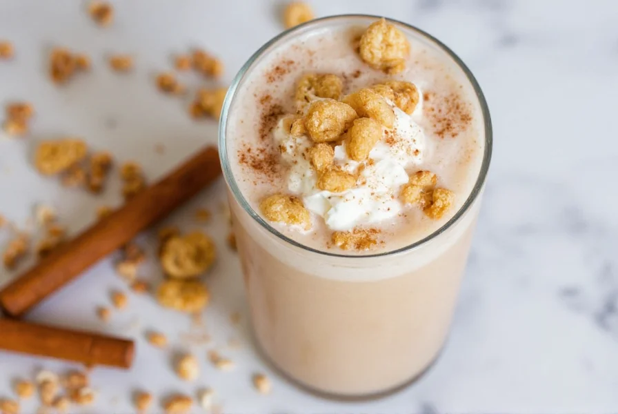 Step-by-step preparation of cinnamon toast crunch drink showing cereal steeping in milk, straining process, and final presentation