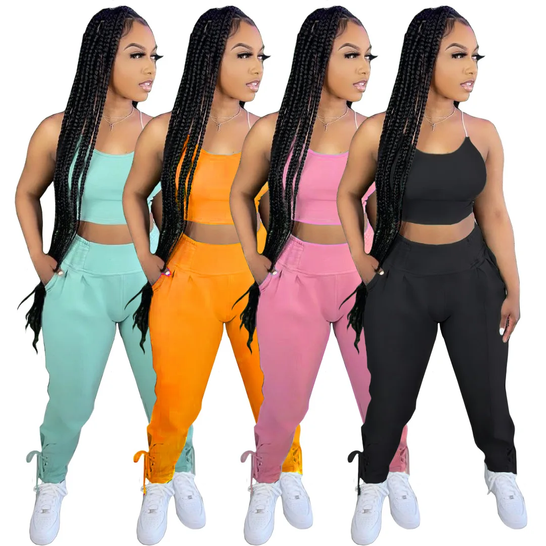 

Foma H1659 Fashion suspenders crop tops and lace up pants jogging 2 piece sweatsuit set women, As pics