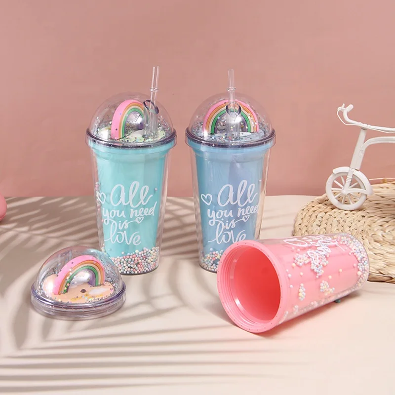 

Wholesale summer glitter flashing light Double Wall Water Bottle With Straw