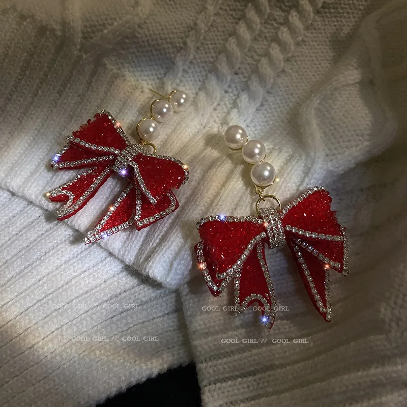

trendy fashion red drop pearl bow earrings rhinestone