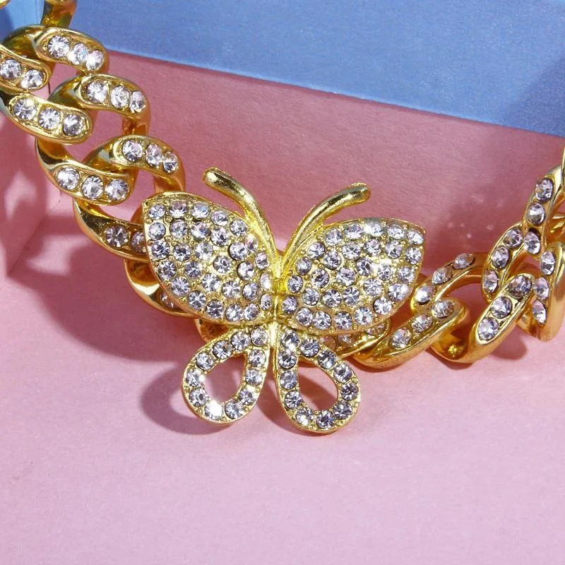

Cuban Link Women Bling Jewelry Diamond crystal butterfly anklet Foot Chain