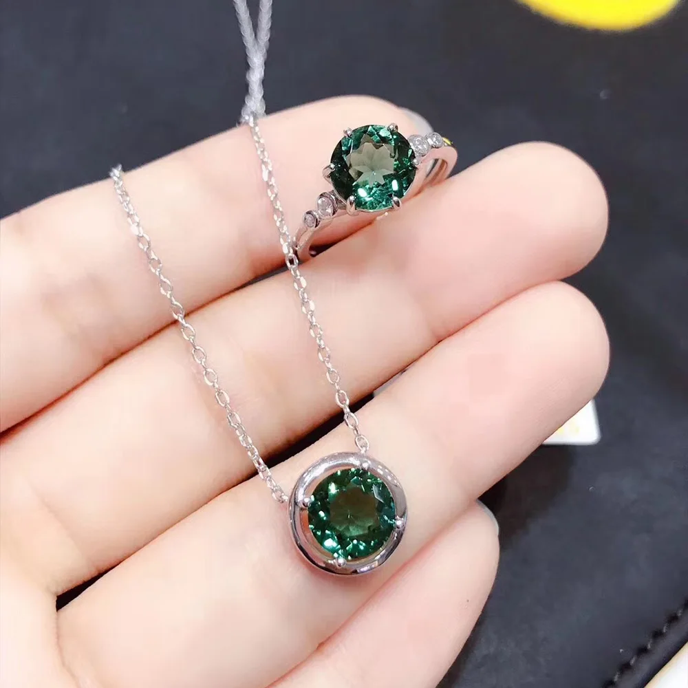 

925 Sterling Silver Crystal Jewelry Set for Women Green Crystal Ring Clavicle Chain Ring Size Adjustable Ladies Necklace Sets