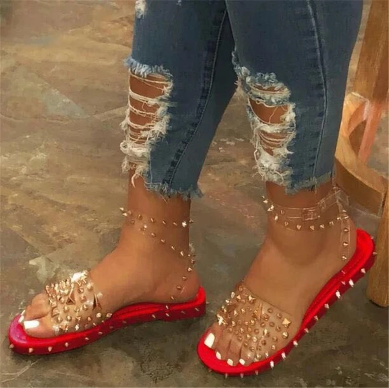 

Women Ankle Strap Line Style Buckle Rivet Sandals Ladies Transparent Bling Metal Flats Summer Shoes Cool Girl Women's Plus Size