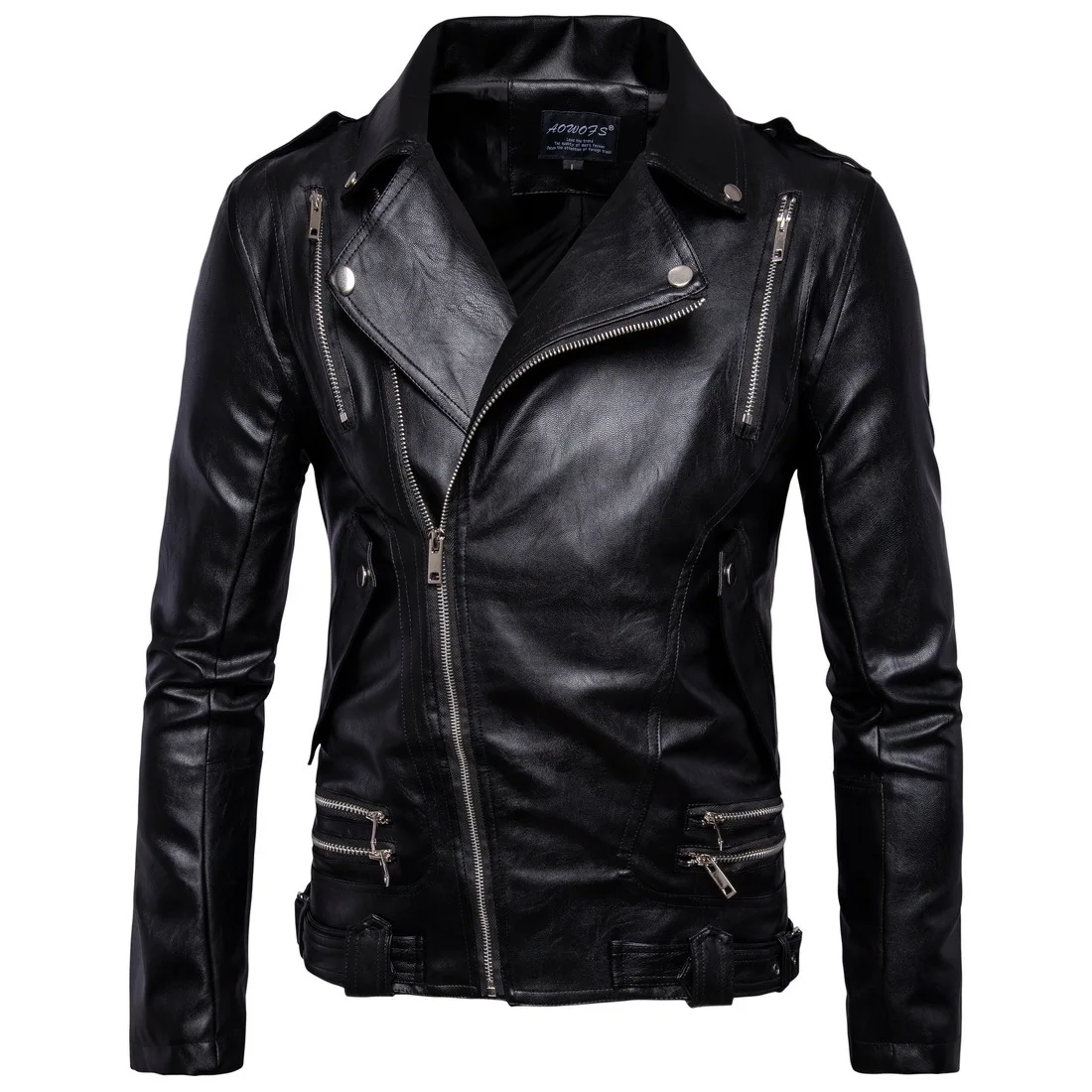 

European Size Stand Collar Jacket Men's Lapel Multi-Zipper Men's Leather Jacket Leather Jacket