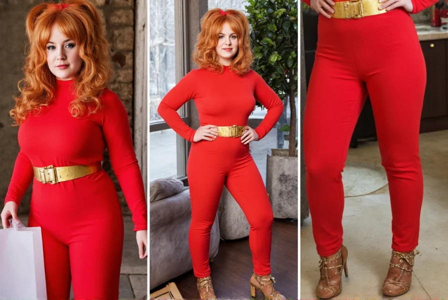 Complete Ginger Spice costume recreation with Union Jack dress, red curls, and bold makeup