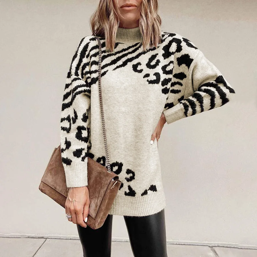 

Winter Tops 2021 Turtleneck Knitwear Leopard Long Sweaters