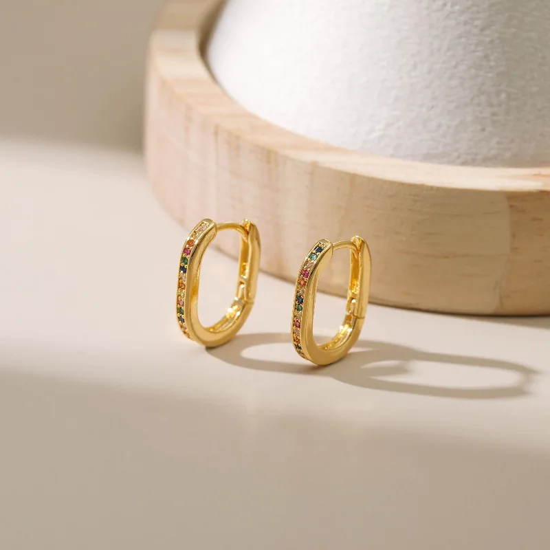

Real 18k Gold Plated Square U Shape Hoop Earrings Women Luxury Rainbow Color Cubic Zirconia CZ Hoop Earrings