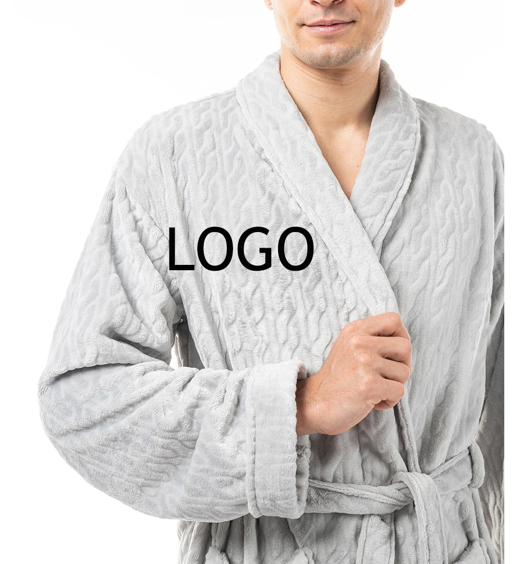 

Wholesale Bathrobe Mens Hotel Luxury Soft fleece Men Bathrobe Thermal Bathrobe Men Spa Robes Unisex Fleece Robe, Gray or customized