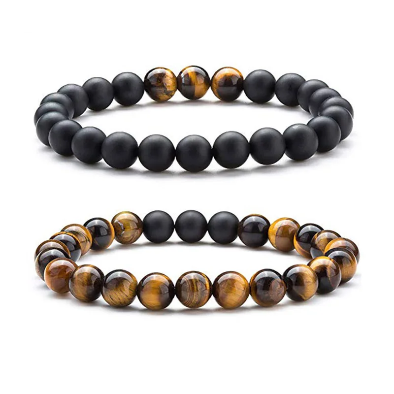 

Hot Selling Natural Stone Black Agate Tiger Eye Beads Elastic Bracelet For Men