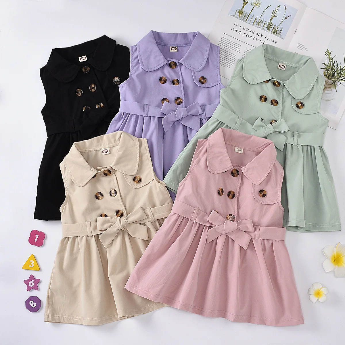 

2020 fashion Girls double breasted sleeveless button bow dress A waist dress kids summer clothes for wholesale, As pic shows, we can according to your request also