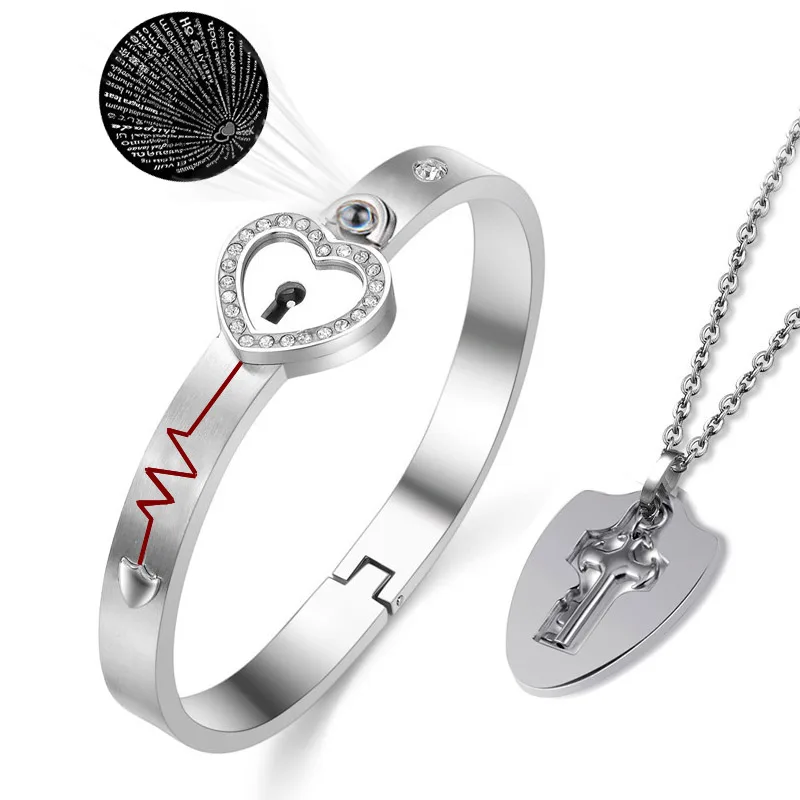 

A Set Stainless Steel Jewelry Heart Locks 100 Language I Love You Couple Bracelet With Key Necklace