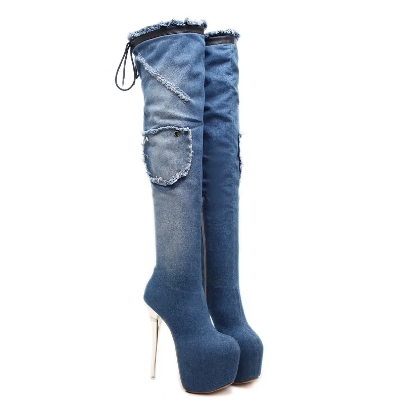 

Platform High Stilettos Heels Nightclub Shoes Fur High Heel Over Knee Denim Boots Women