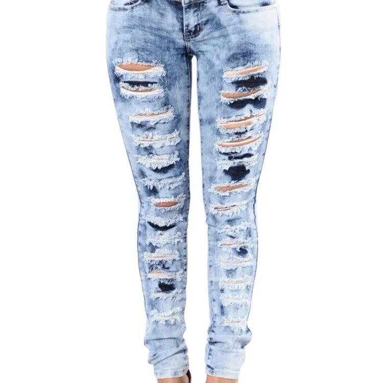 

2021 fashion high waist perforated zipper jeans wholesale, Baby blue