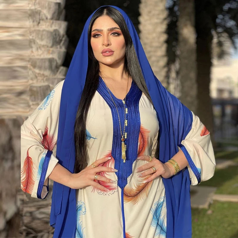 

2021 Eid Feather Floral Jalabiya Dubai Abaya Dress For Women Ramadan Fashion Moroccan Turkey Arabic Muslim Islamic Clothes