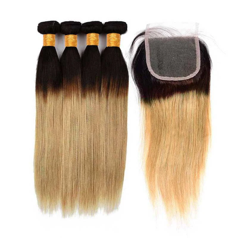 

Ombre T1b/4/27 Dark Golden Brown Hair Color Mink Body Wave Brazilian Human Hair Bundles with lace Closure, Natural color