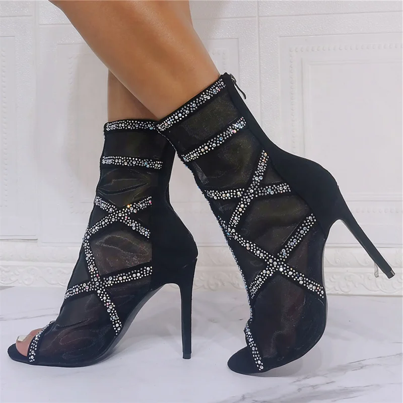 

New Breath Mesh Women Ankle Boots Sexy Peep Toe High Heels Sexy Black With Diamond Decorate Dress Shoes Beauty Shoes Big Size 47