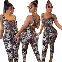 

AC5048 - women stylish casual leopard backless bandage jumpsuit with sashes