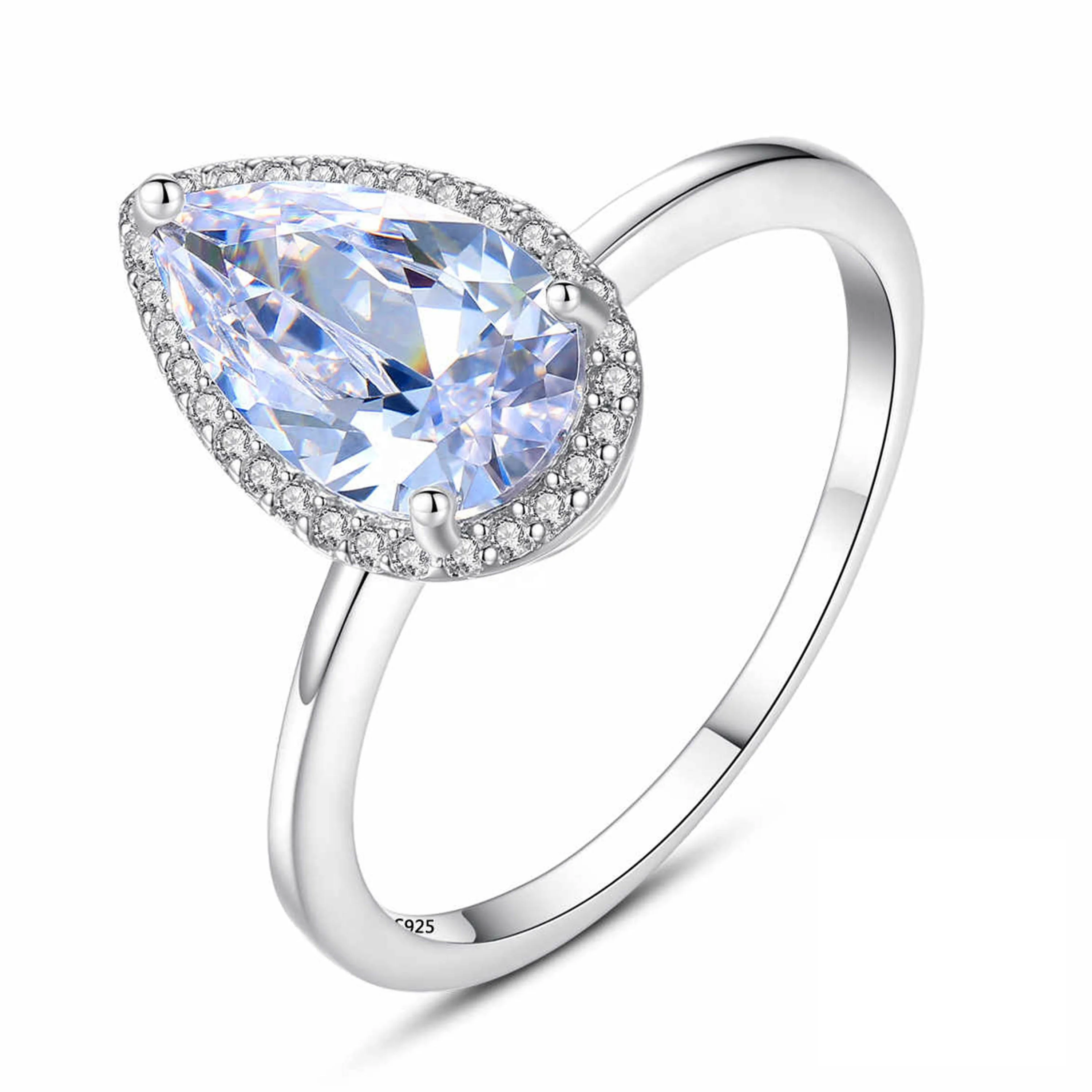 

Hot Selling 925 Sterling Silver Pear Shape Aquamarine Spinel Cubic Zircon Halo Fashion Ring