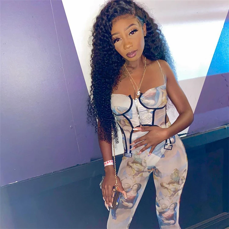 

D96739 2021 new style sexy retro angel print fastener zipper chest pants mesh women's two pieces set