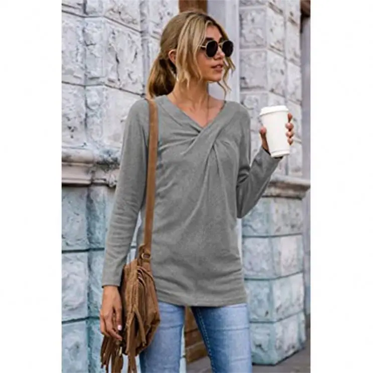 

Newest 2021 Women Clothing Women Top V-Neck Long Sleeve Women Blouses And Tops Lady Draped Casual T-Shirt