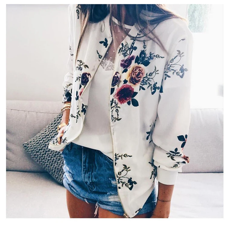 

2020 womens coat floral Printed round neck zip long sleeve jackets, Customized color/as show