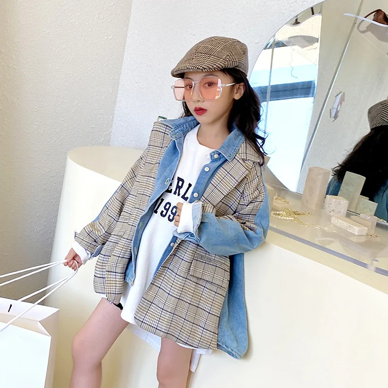 

fall autumn big girls plaid blazer with denim patchwork infant girls clothing casual outfit W2659088, Beige