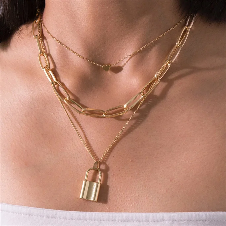 

Lock Pendant Chain Choker Necklace Multilayered Love Heart Circle Padlock Long Statement Necklace Punk for Women Girls