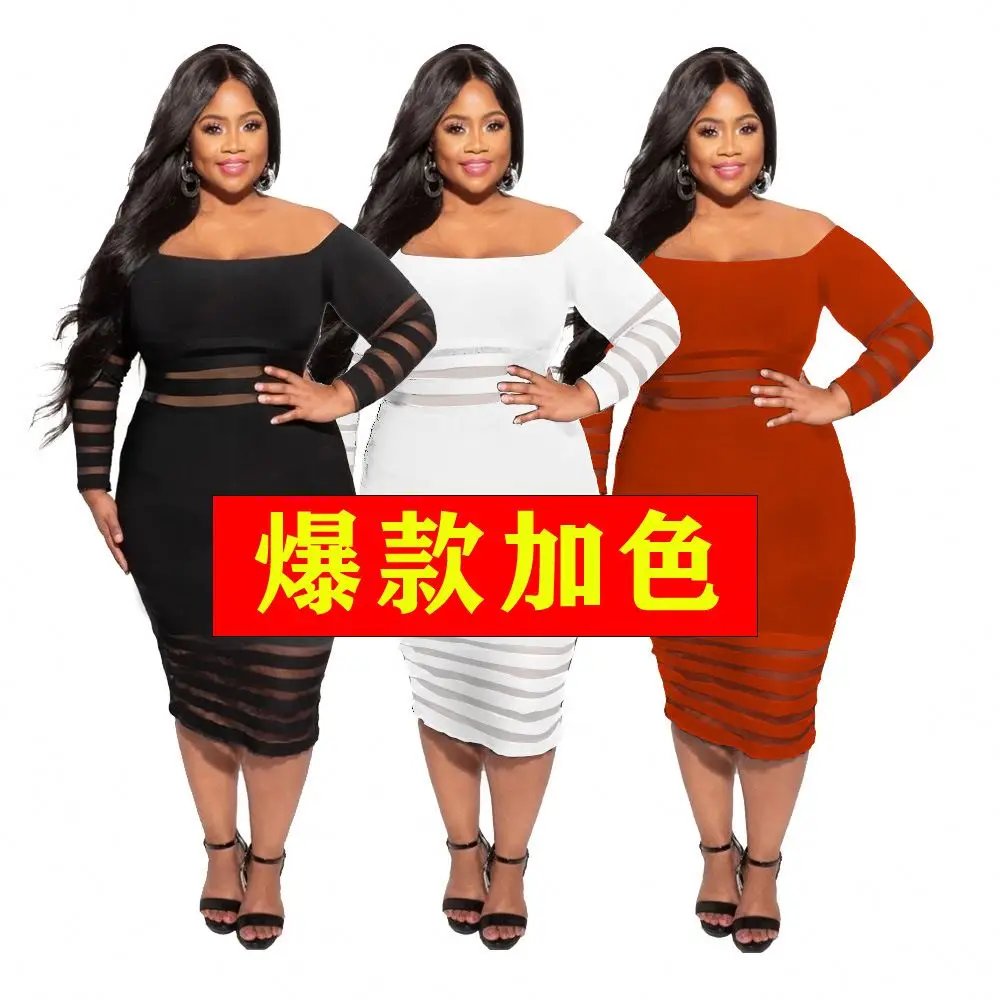 

ZMH739 3XL 4XL Sexy Off Shoulder Dresses Bodycon Plus Size Long Sleeve Dress