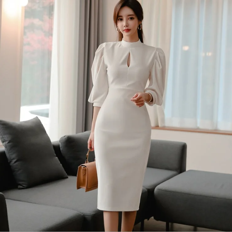 

2020 spring and summer new female slim mid-length stand-up collar lantern sleeve fashion hip dress