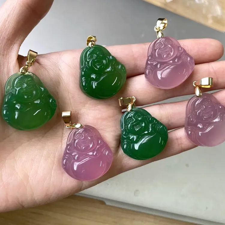 

Jialin 2021 INS women 18k gold natural no frame jade pink buddha pendant green buddha necklace