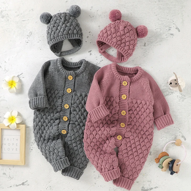 

LZH Autumn Winter Kids Overalls Baby Girls Romper For Baby Boys Knitting Jumpsuit+Hat 2pcs Newborm Clothes