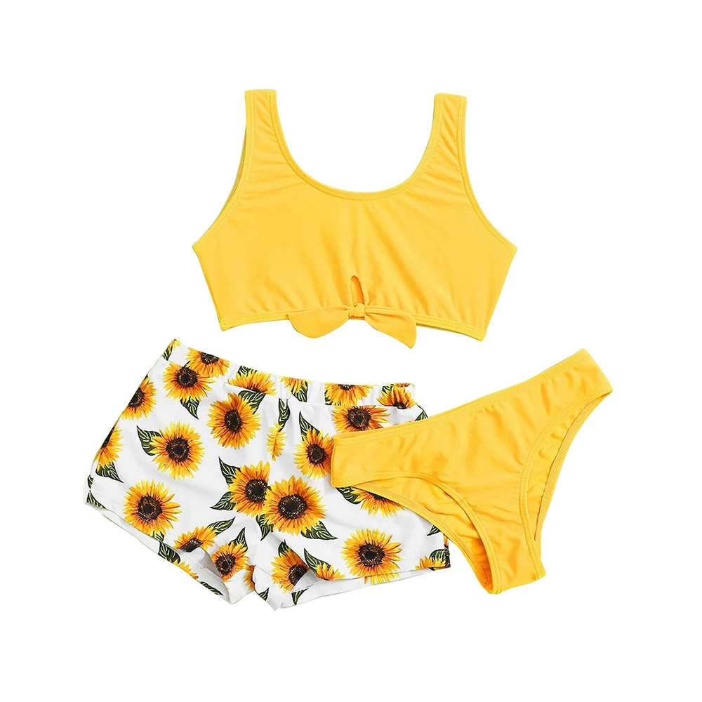 

Mudkingdom Summer Baby Girl Sleeveless Swimsuit With Hats Kids Sunflower Girl Clothing Sets Printed Kids Swim Shorts Wholesale