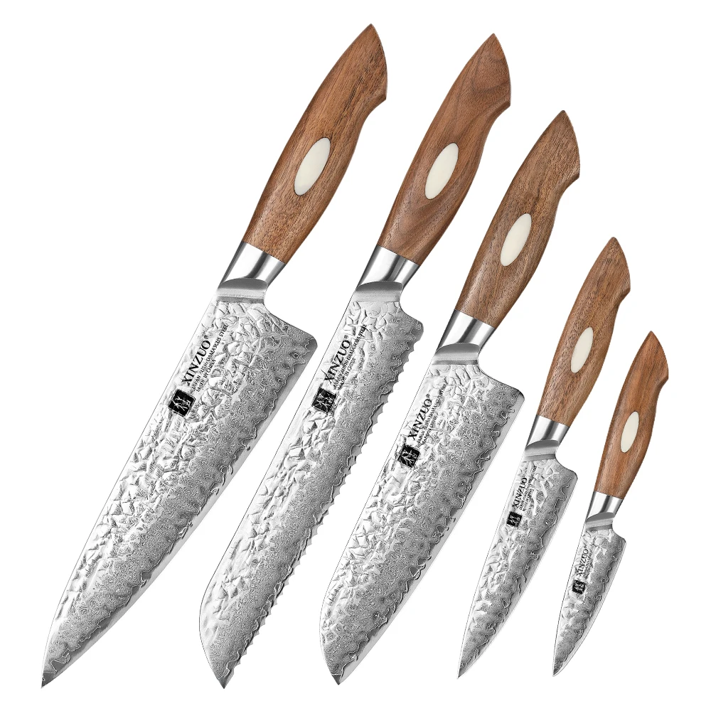 

XINZUO New Design 5 Pcs Razor Sharp Hammered Japanese 67 Layers AUS10 Damascus Steel Walnut Wood Handle Kitchen Chef Knife Set