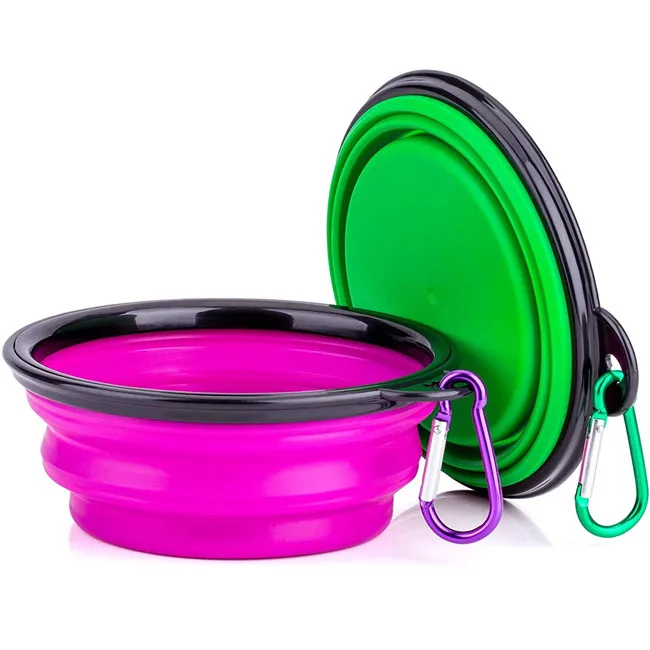 

Portable Travel collapsible expandable foldable silicone Pet dog food bowl with carabiner, Customized color