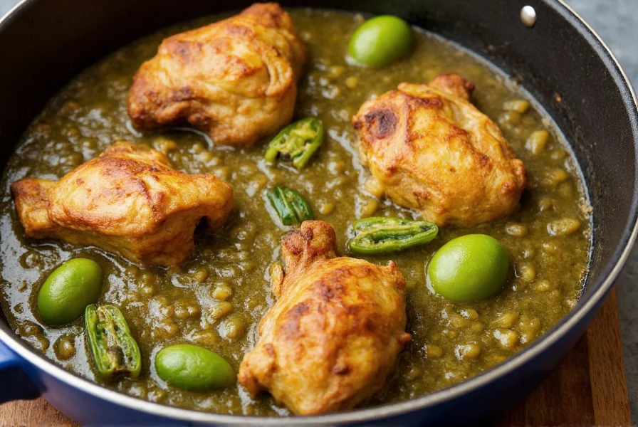 Fresh green chili chicken simmering in cast iron pot with roasted poblano peppers and tomatillos