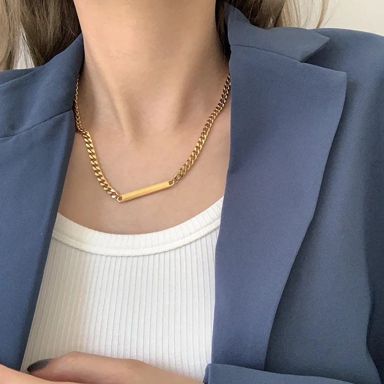 

Custom Long Bar Tags Cuban Link Chain Necklace Polished 18K Gold Plated Choker Necklace Plain Minimalist Stainless Steel Jewelry