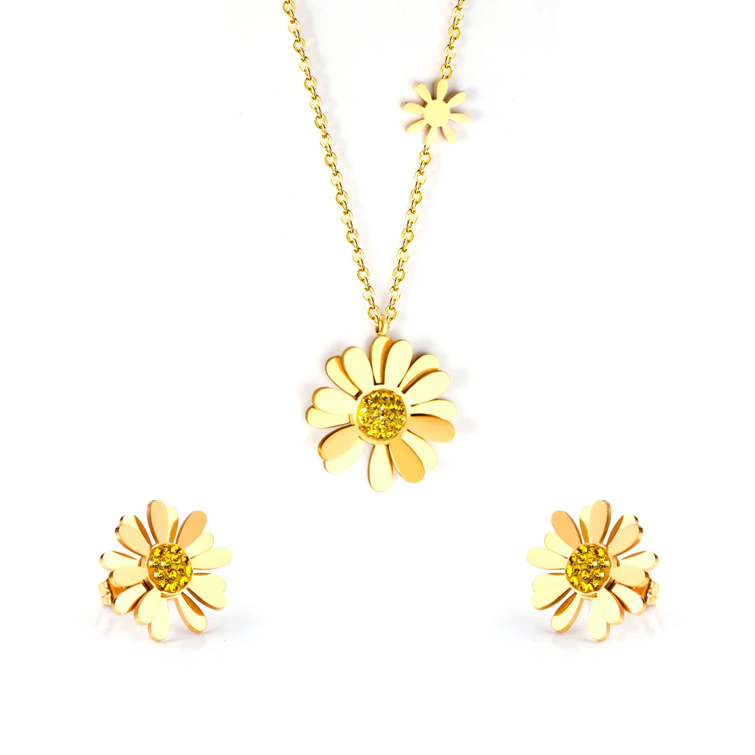 

Flower 24k Gold Filled Diamond Ladies Girls Cute Necklace Earring Stainless Steel Jewelry Sets, Picture
