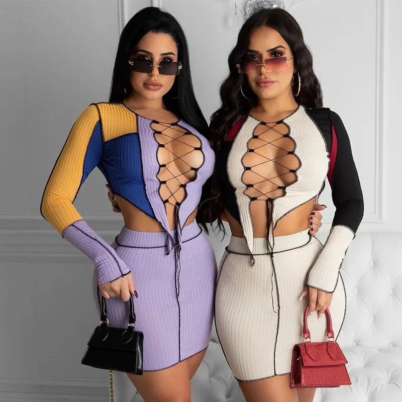 

Dvacaman Trendy 2021 New Arrivals Sexy Elegant Patchwork Contrast Color Women Long Sleeve Hollow Out Bandage 2 Piece Skirt Set, 4 color