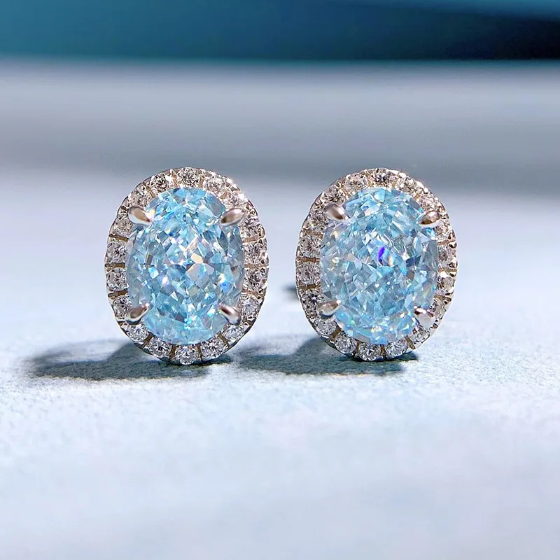 

S925 Sterling Silver High Carbon Diamond Sea Blue Treasure Zircon Jewelry Wedding Earrings For Women