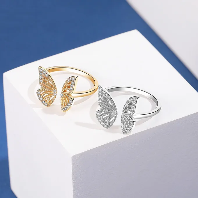 

Luxury Gold Filled Cubic Zirconia Open Ring Trendy 925 Sterling Silver Butterfly Jewelry Rings