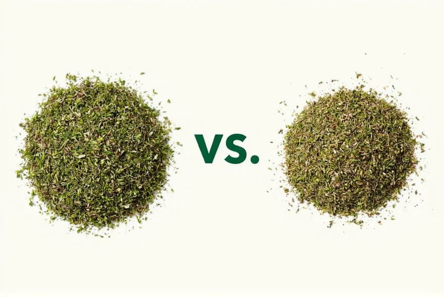 Close-up comparison of fresh thyme leaves and dried thyme granules