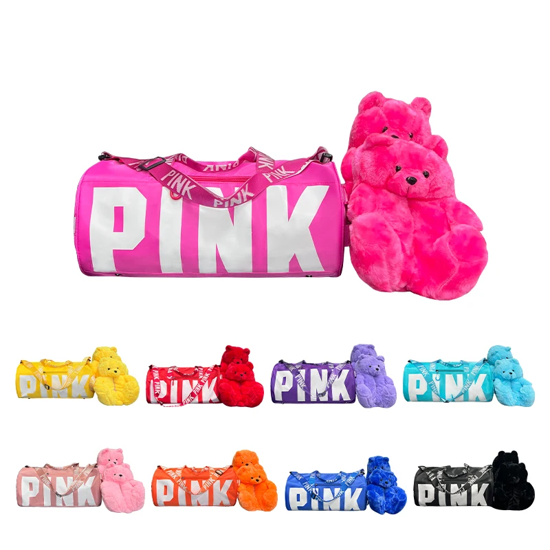 

New Designer Bear Slippers With Pink Duffel Bag Matching Fashion Indoor Lady Household Fluffy Shoes With Bag Set For Women Girls, As pictures