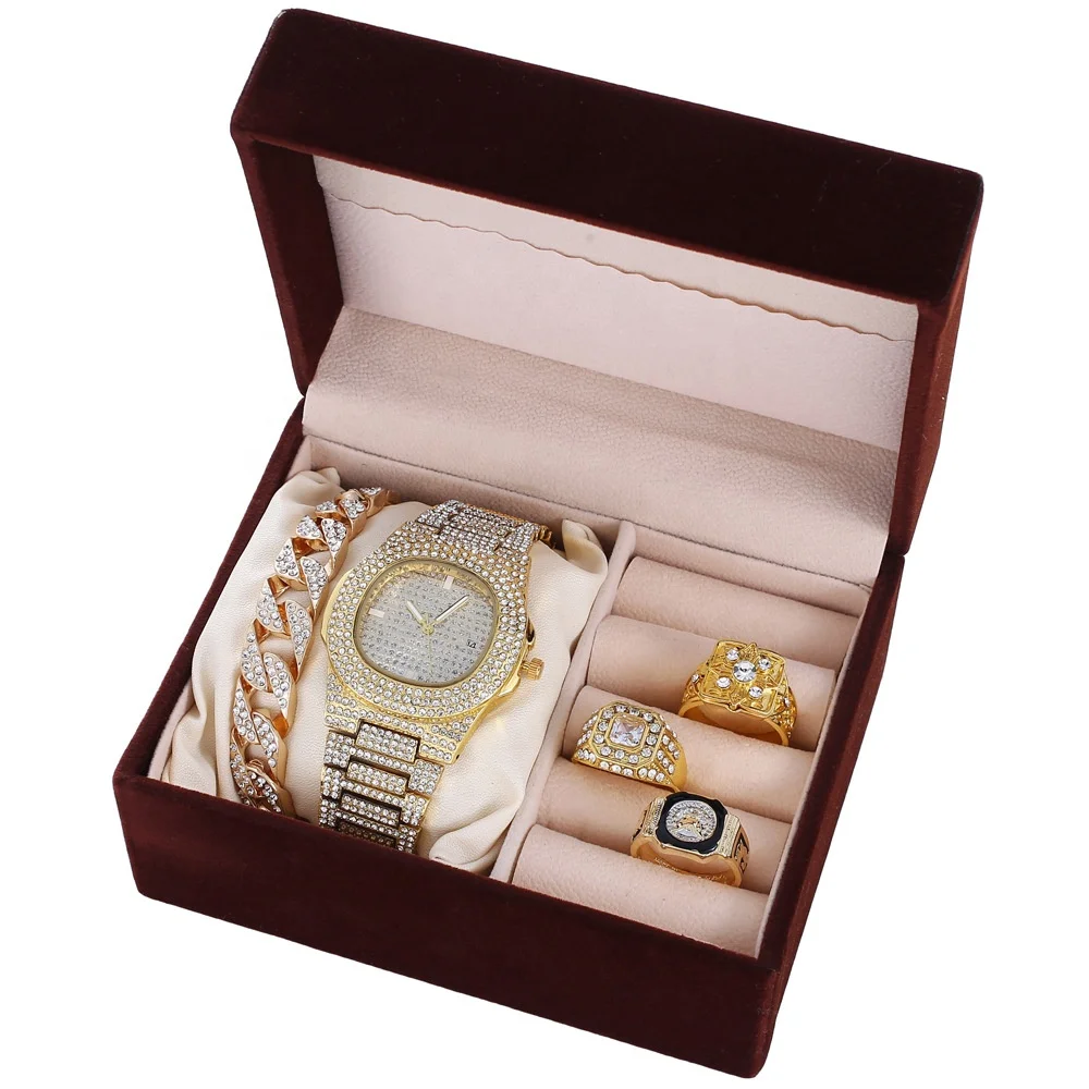 

Luxury Square Bling Hip Hop Iced Out Diamond Gift Watch Set Quartz Gold Men Wrist Watch Ring Bracelet Set