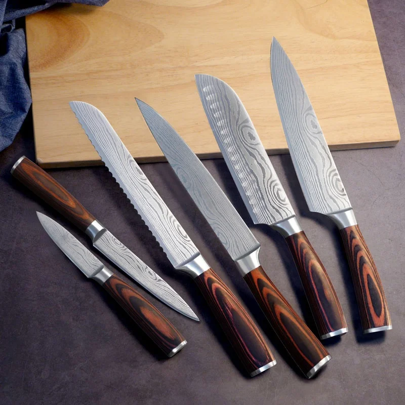 

Custom YangJiang Powerful Factory Over 10 years OEM Experience 5cr15 Laser Damascus Pattern Blade Kitchen Knife Set, Brown