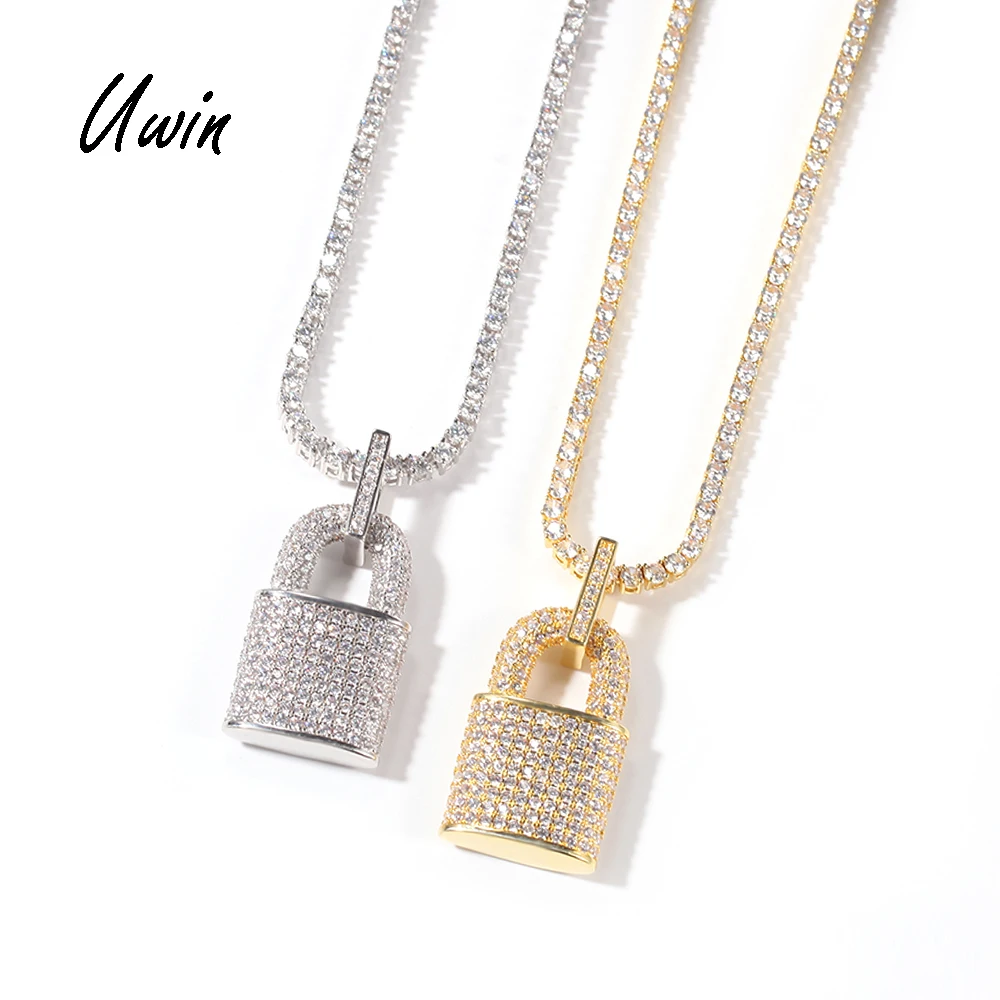 

Hip Hop Iced Out CZ Paved Lock Pendant Necklace 18K Gold Plated Luxury Brand Rapper Jewelries, Gold and platinum plated